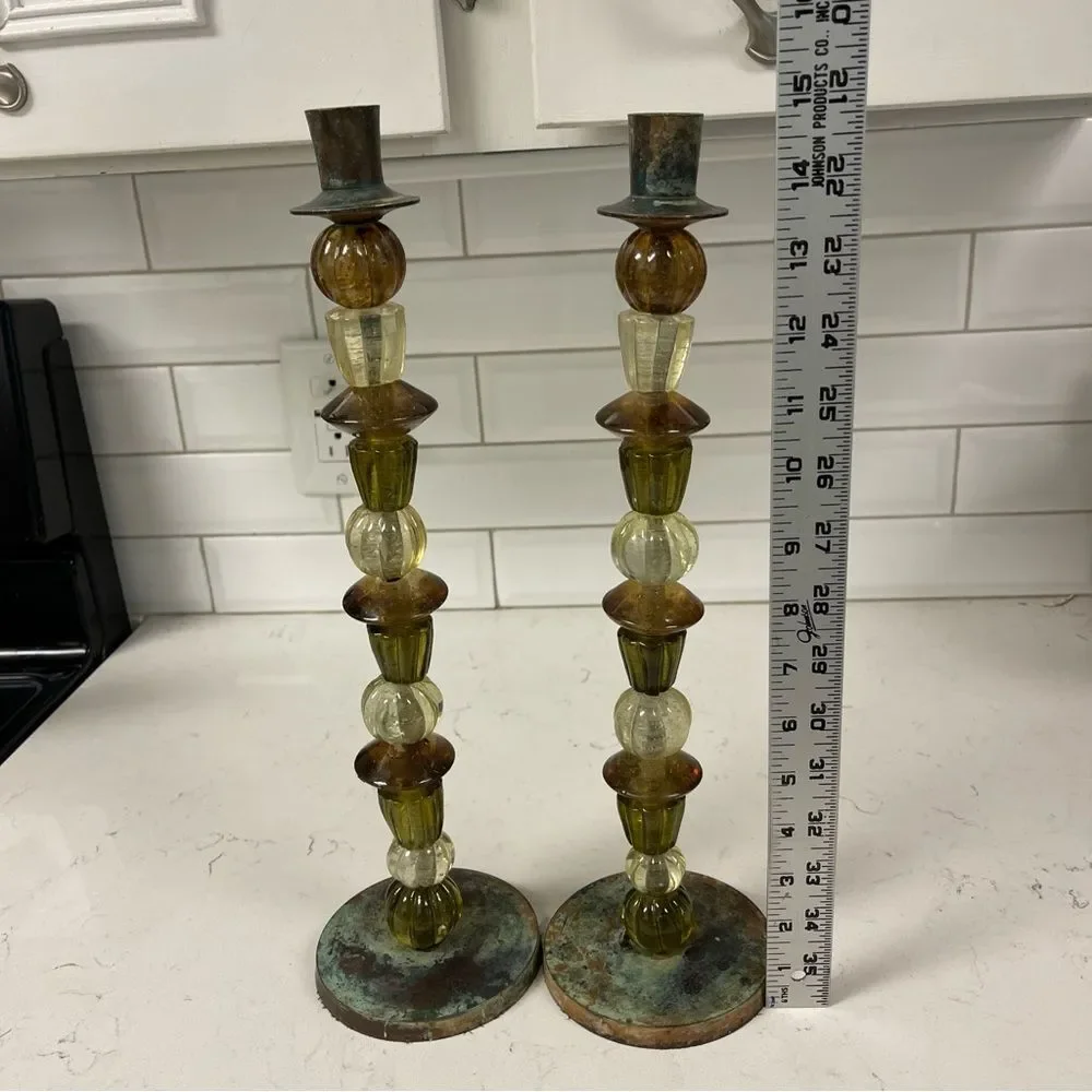Zodax Candle Stick Holder Set of Green and Amber Glass Beads Bohemian